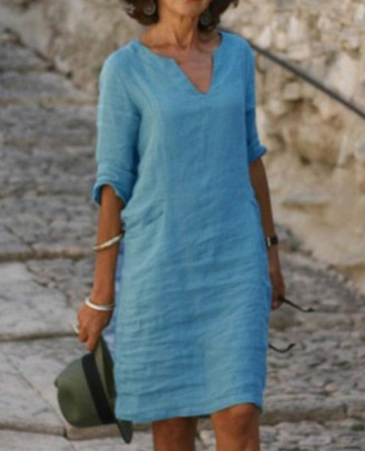 Léa – Robe en lin douce et élégante à col en V