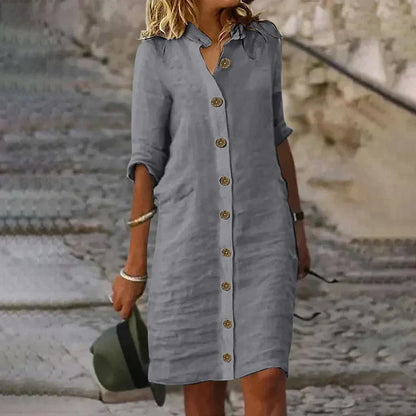Léa Élégante Robe Chemise Midi en Lin et Coton