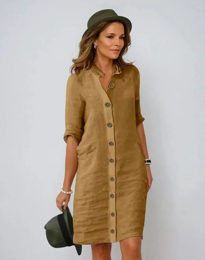 Léa Élégante Robe Chemise Midi en Lin et Coton