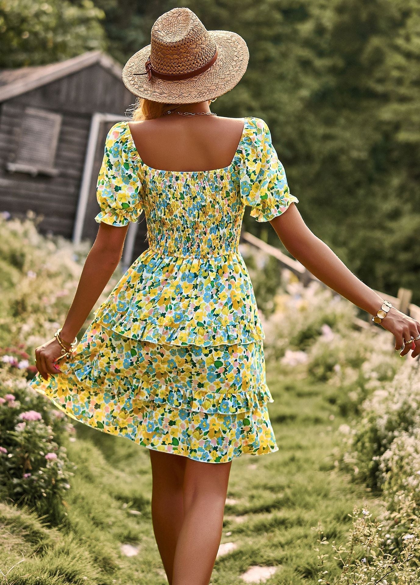 Léa Elegant Long Floral Dress with Puff Sleeves