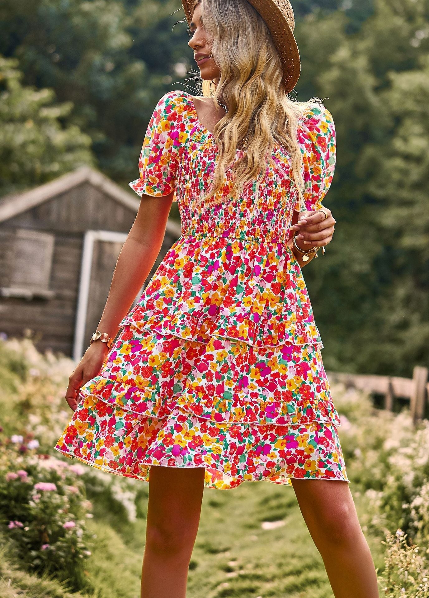 Léa Elegant Long Floral Dress with Puff Sleeves