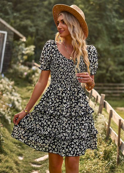 Léa Elegant Long Floral Dress with Puff Sleeves