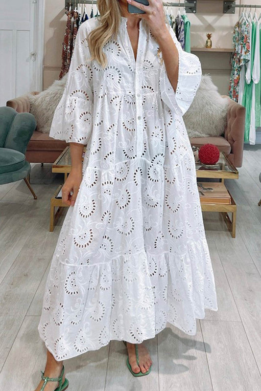 Léna Élégante Robe Longue Bohème en Coton Brodé