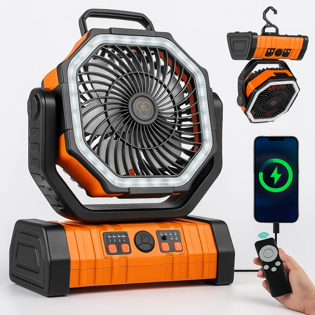3-in-1 Rechargeable Camping Fan with LED Light and Power Bank