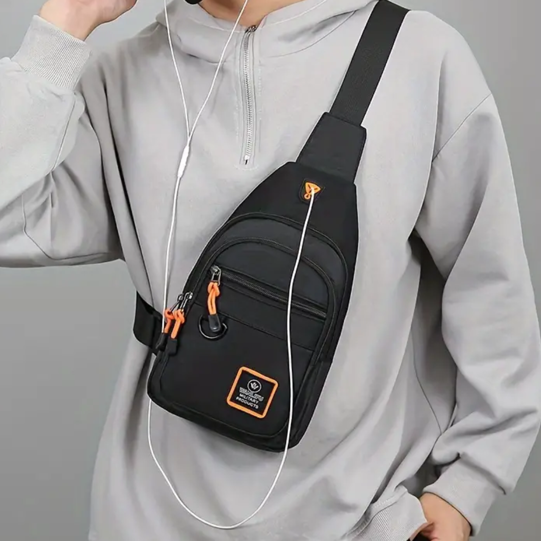 Men's Nylon Crossbody Bag, Multi-Pocket with Headphone Port, Water-Repellent Fabric
