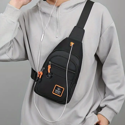 Men's Nylon Crossbody Bag, Multi-Pocket with Headphone Port, Water-Repellent Fabric