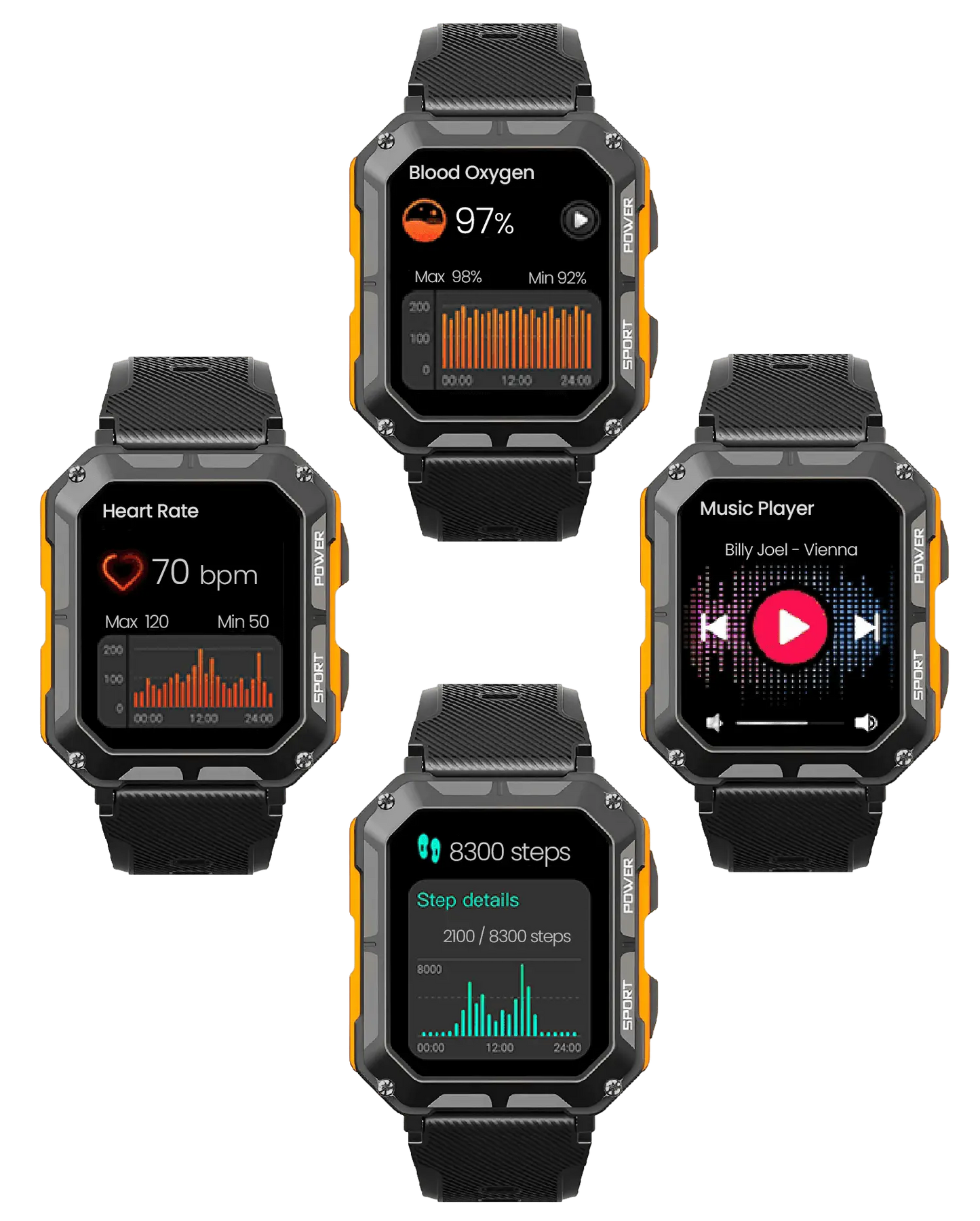 Montre Connectée Robuste Étanche IP68, Cardio et Podomètre, Autonomie Jusqu'à 14 Jours
