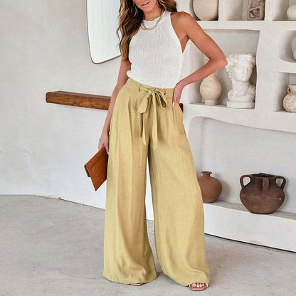 Pantalon Large Femme - Taille Haute Ceinture Noeud