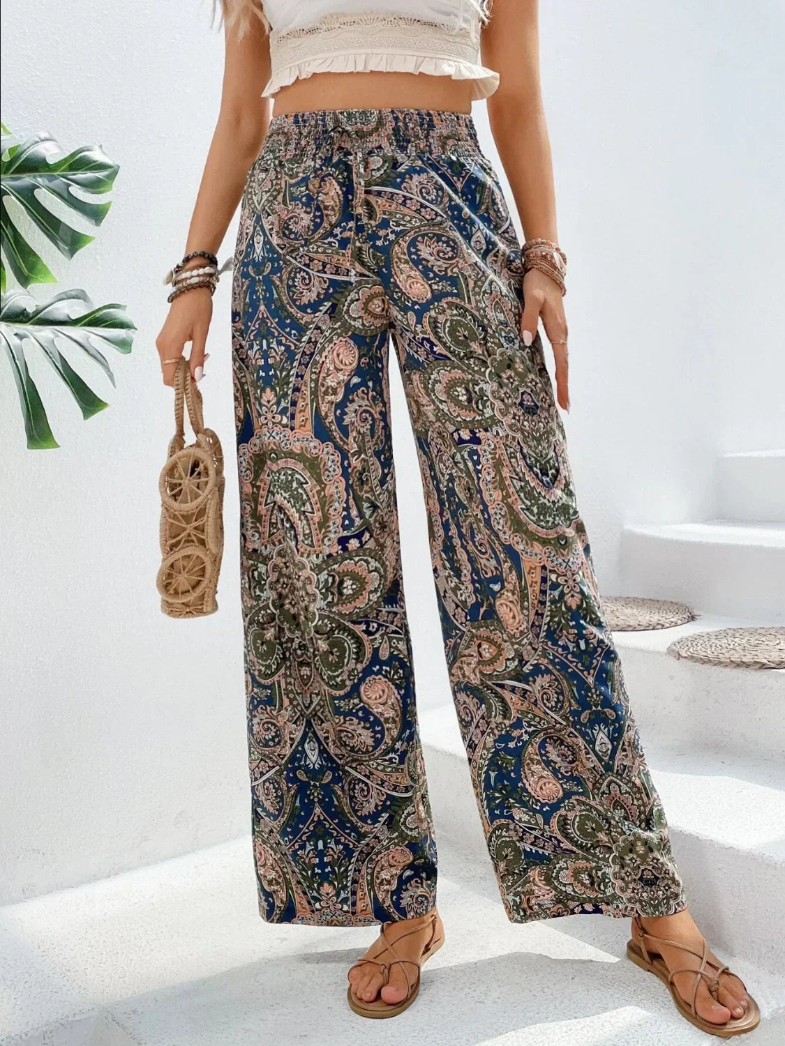 Pantalon large femme - Taille haute élastique