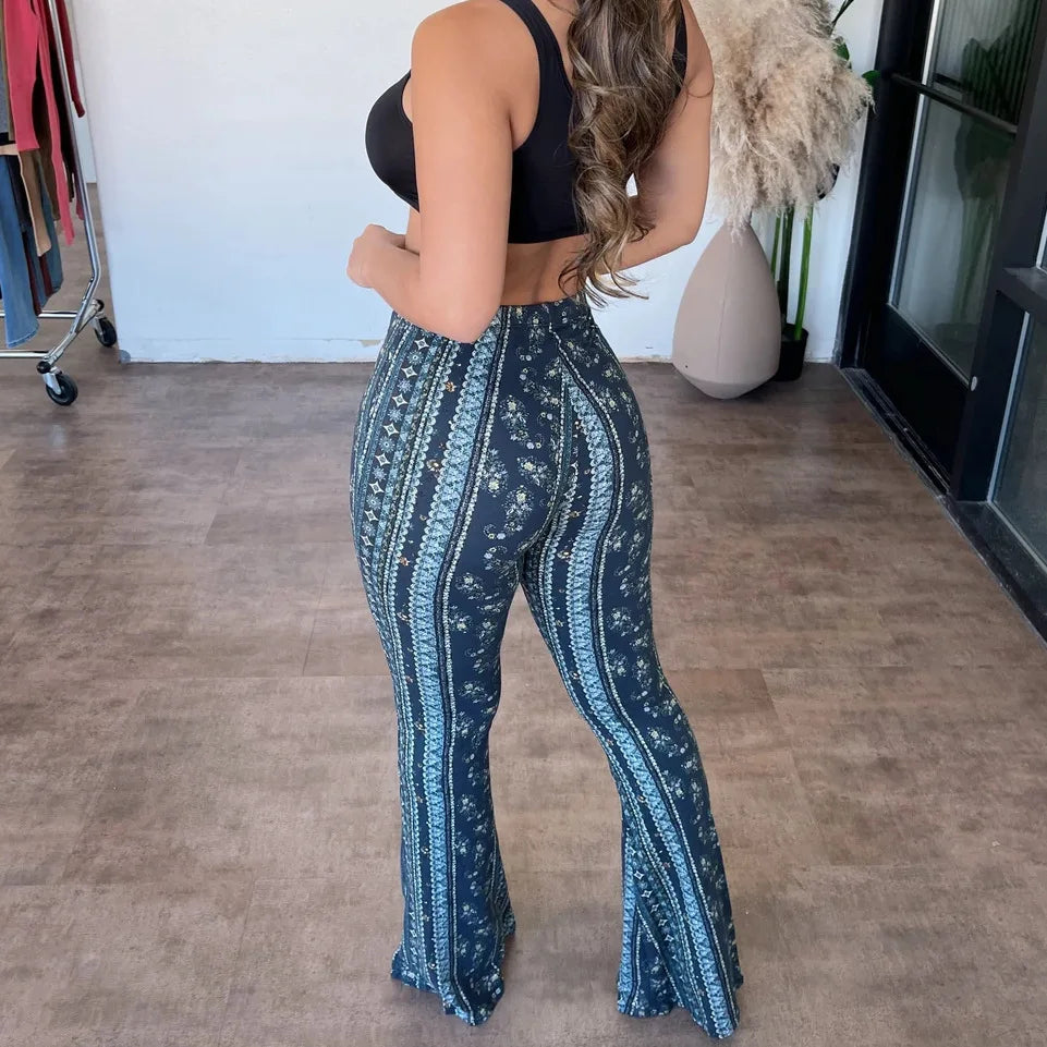 Pantalon Évasé Taille Haute Femme –  Style Rétro Imprimé