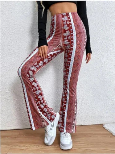 Pantalon Évasé Taille Haute Femme –  Style Rétro Imprimé