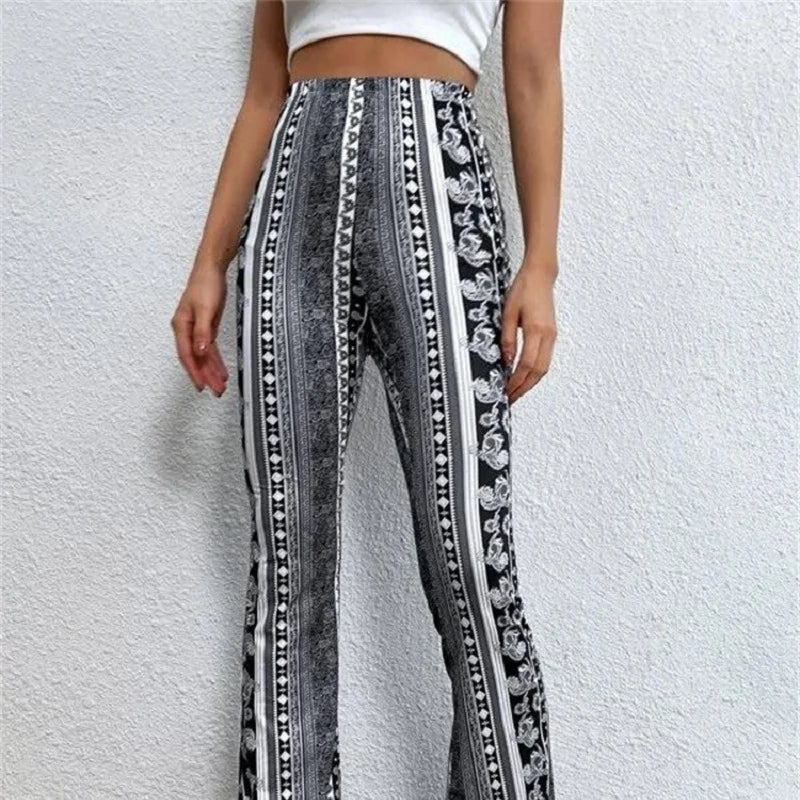 Pantalon Évasé Taille Haute Femme –  Style Rétro Imprimé