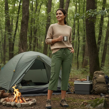 Pantalon Corsaire Femme Léger et Extensible pour Randonnée, Taille Élastiquée à Cordon et Poches Cargo