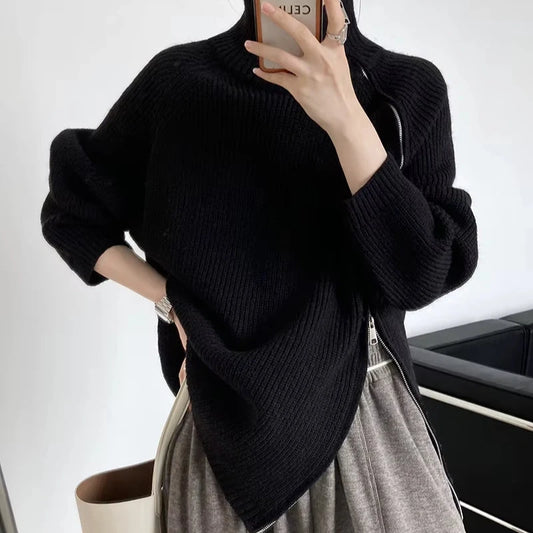 Lang genser med høy hals og glidelås for dame