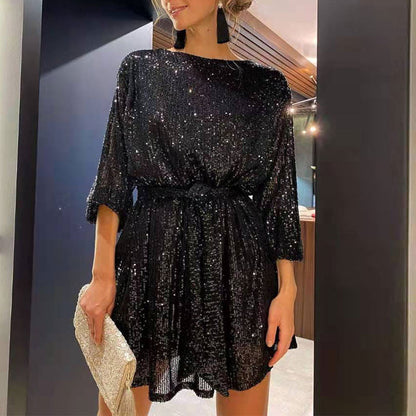 Robe Courte Femme - Sequins Brillants - Manches Longues