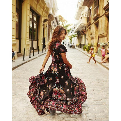 Robe Femme Bohème - Col V Profond - Manches Courtes Volantées