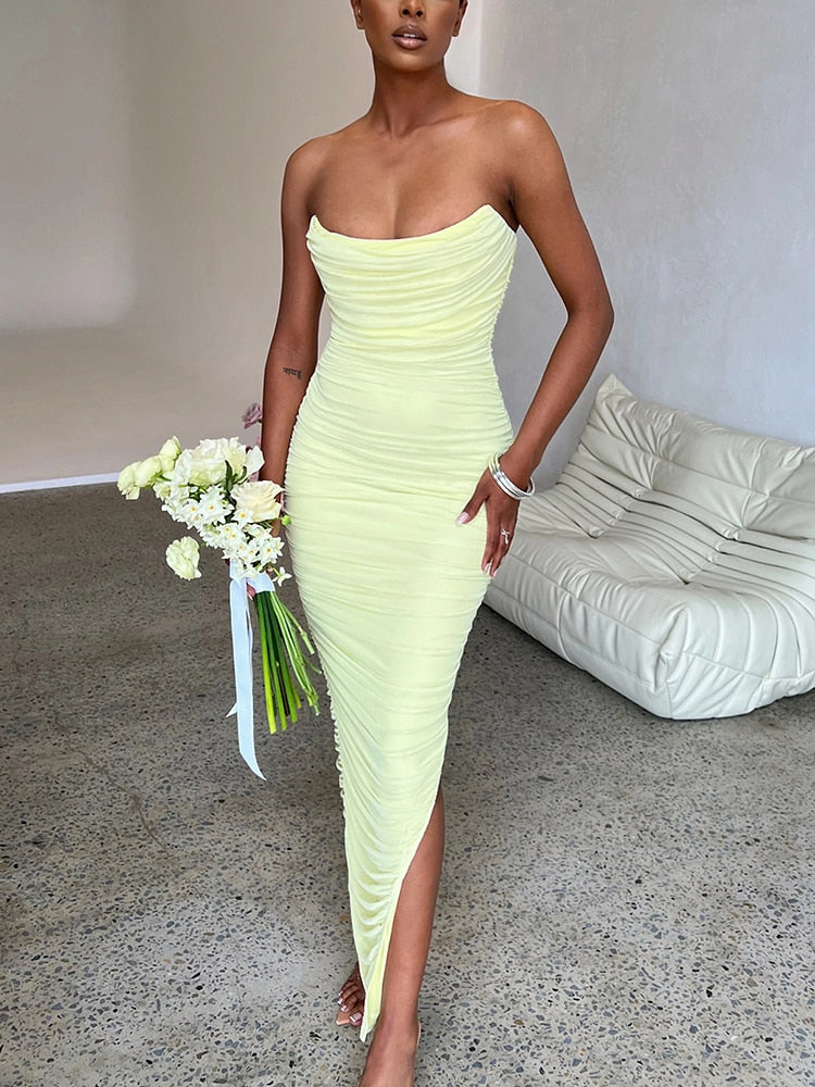 Robe Femme - Sans Bretelles - Design Froncé Élégant Midi