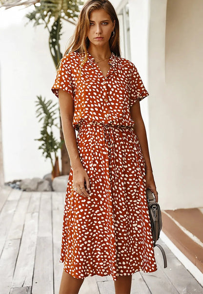 Robe Midi Femme - Boutonnée - Col Chemise - Manches Courtes
