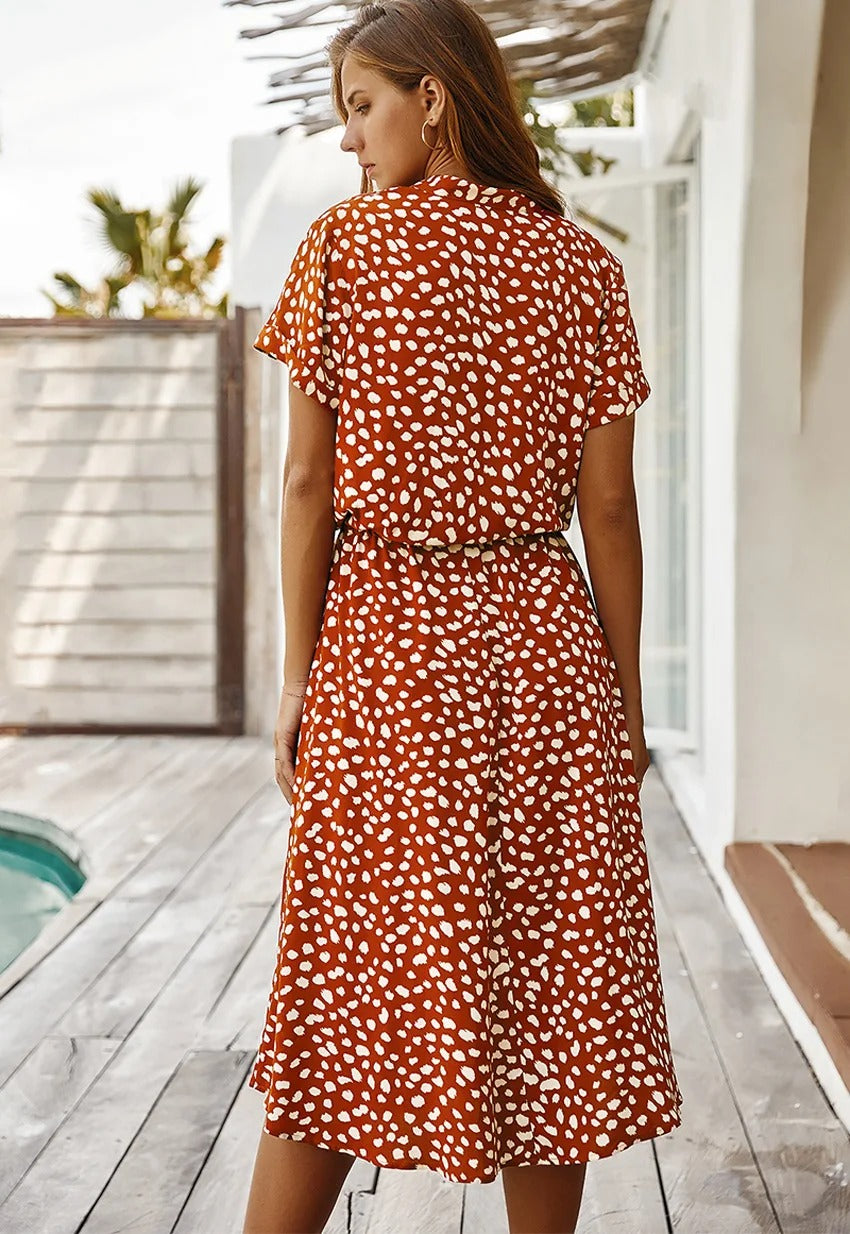 Robe Midi Femme - Boutonnée - Col Chemise - Manches Courtes
