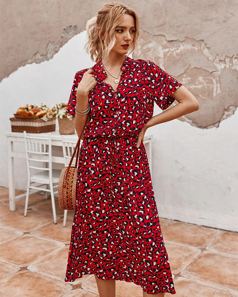 Robe Midi Femme - Boutonnée - Col Chemise - Manches Courtes