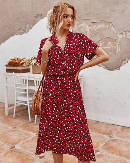 Robe Midi Femme - Boutonnée - Col Chemise - Manches Courtes