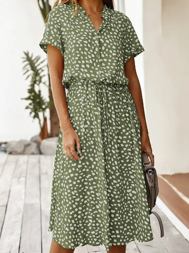 Robe Midi Femme - Boutonnée - Col Chemise - Manches Courtes