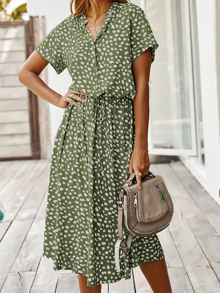 Robe Midi Femme - Boutonnée - Col Chemise - Manches Courtes
