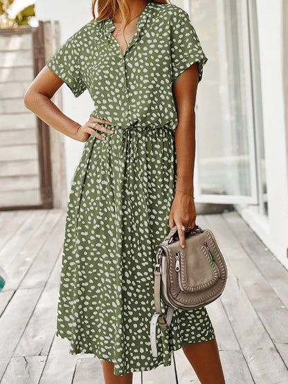 Robe Midi Femme - Boutonnée - Col Chemise - Manches Courtes