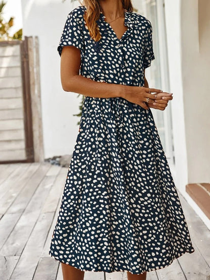 Robe Midi Femme - Boutonnée - Col Chemise - Manches Courtes
