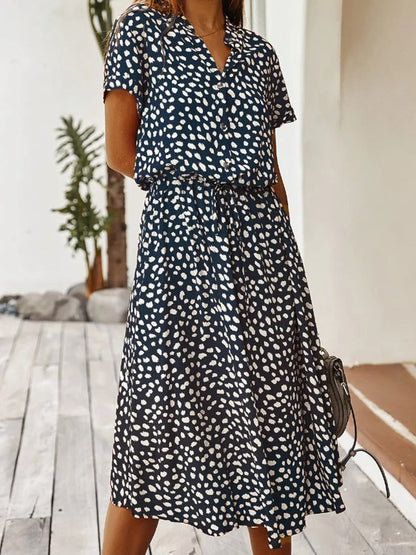 Robe Midi Femme - Boutonnée - Col Chemise - Manches Courtes