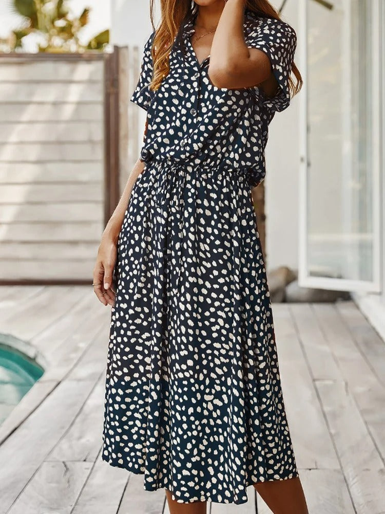 Robe Midi Femme - Boutonnée - Col Chemise - Manches Courtes