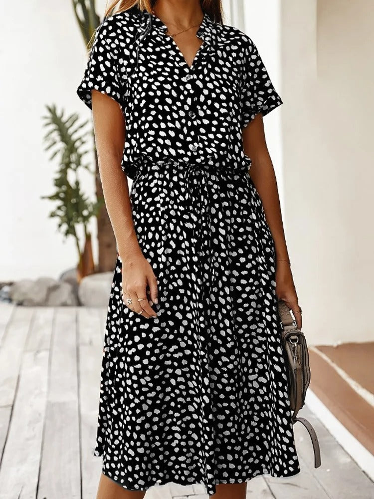 Robe Midi Femme - Boutonnée - Col Chemise - Manches Courtes