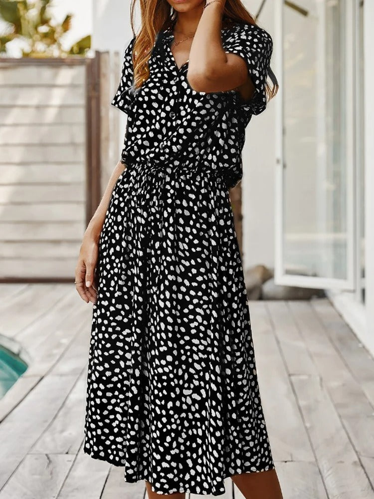 Robe Midi Femme - Boutonnée - Col Chemise - Manches Courtes