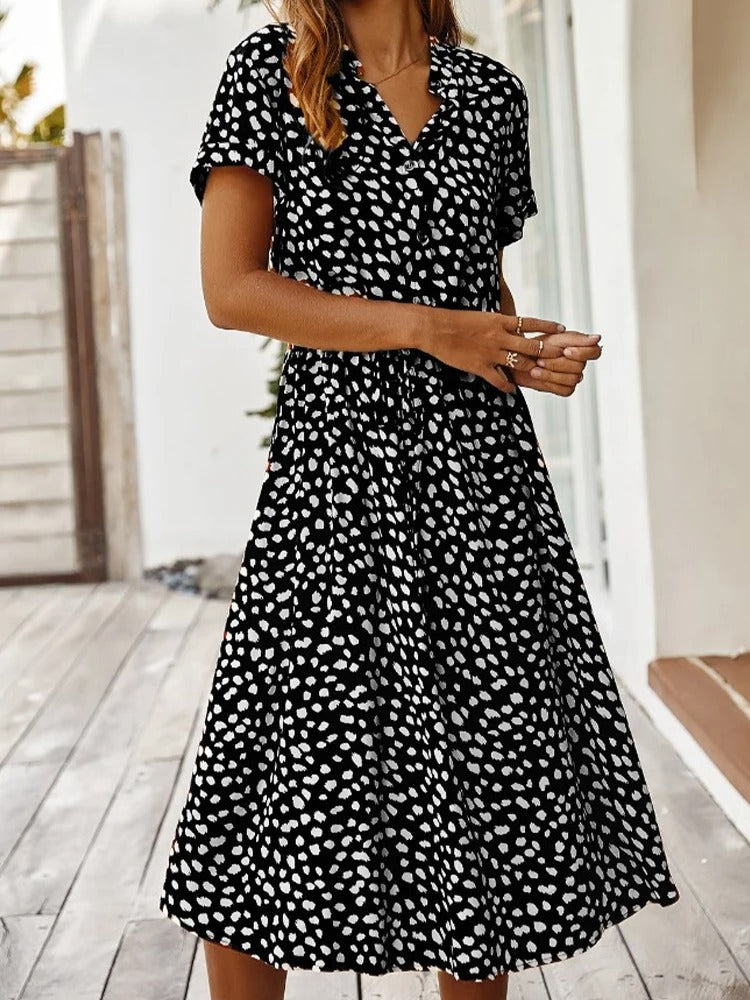 Robe Midi Femme - Boutonnée - Col Chemise - Manches Courtes