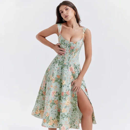 Robe Midi Femme – Cintrée Évasée Fleuri