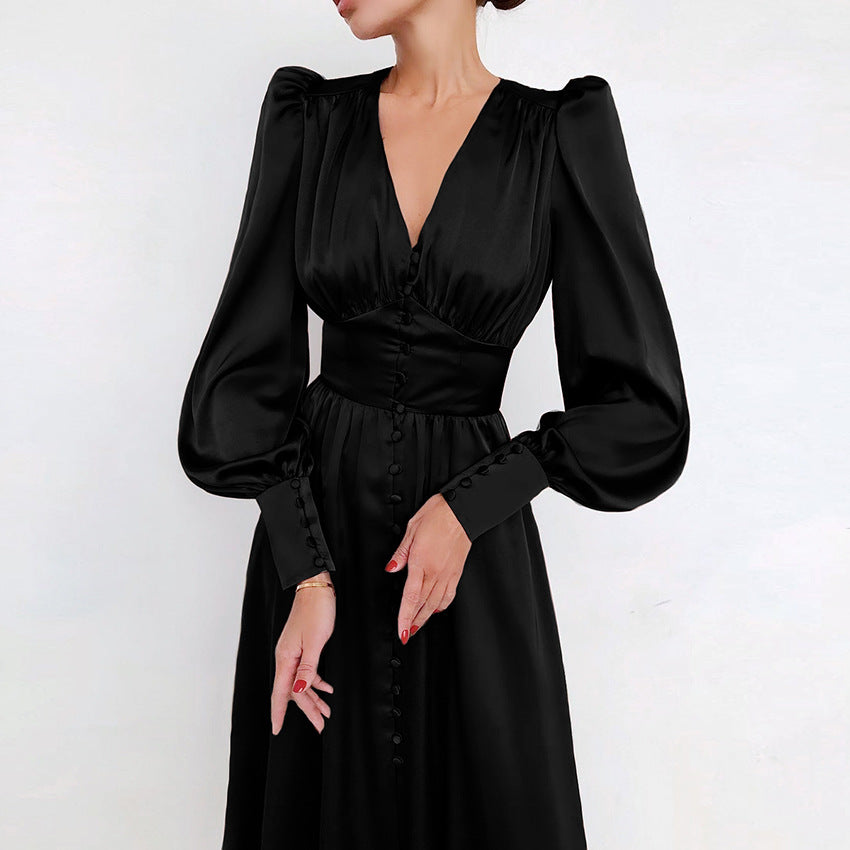 Robe Midi Femme - Col V Boutonné - Manches Longues Bouffantes