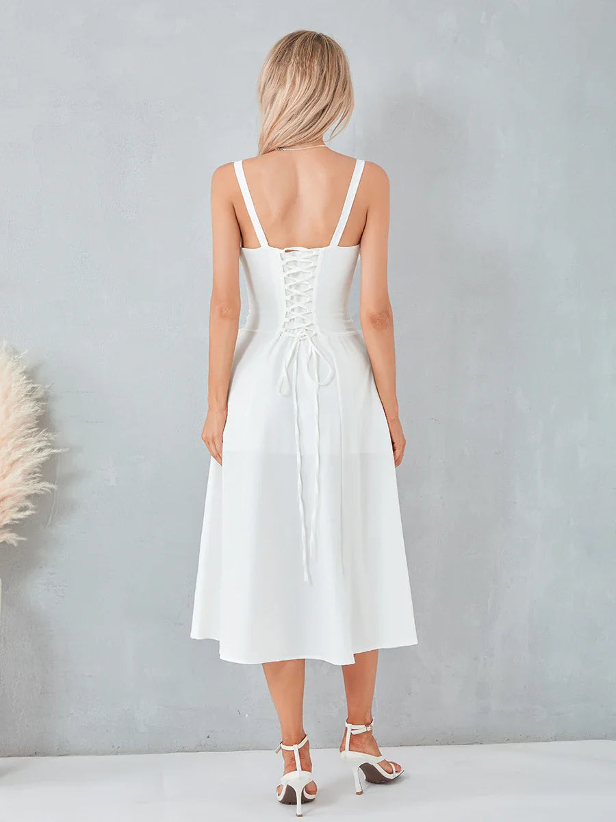 Robe Midi Femme - Corset Cintré et Jupe Évasée