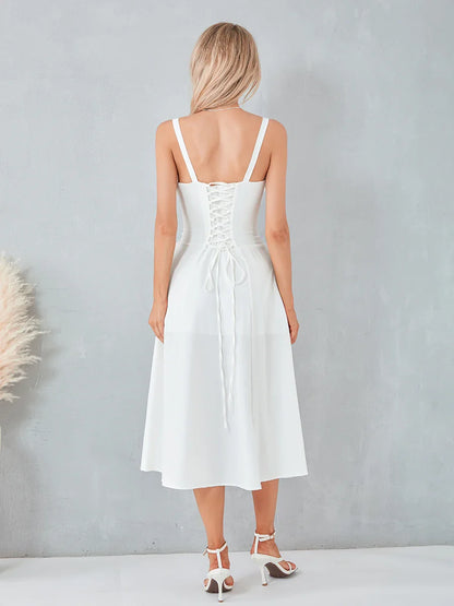 Robe Midi Femme - Corset Cintré et Jupe Évasée