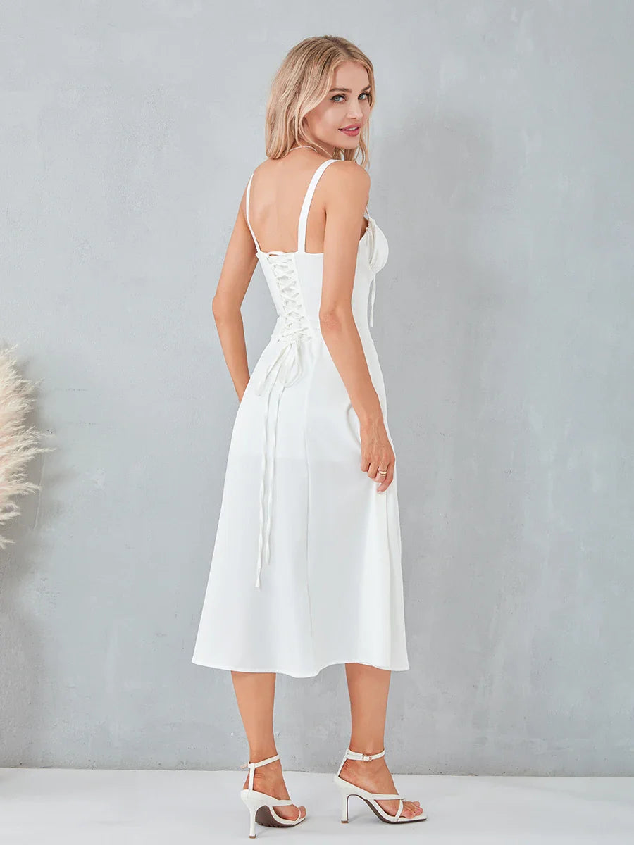Robe Midi Femme - Corset Cintré et Jupe Évasée