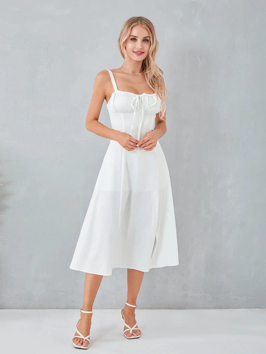 Robe Midi Femme - Corset Cintré et Jupe Évasée