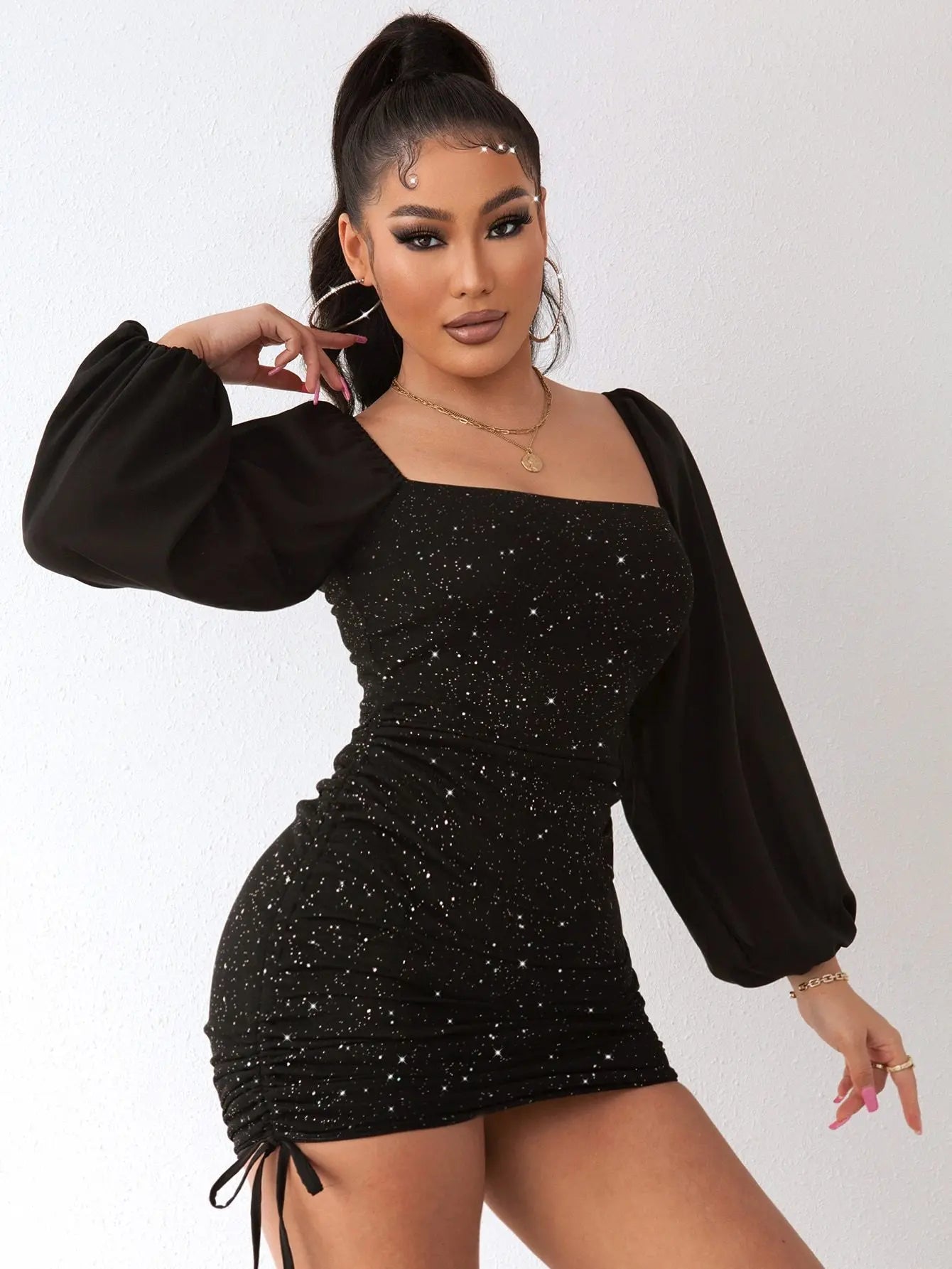 Robe Moulante Femme - Manches Longues Bouffantes