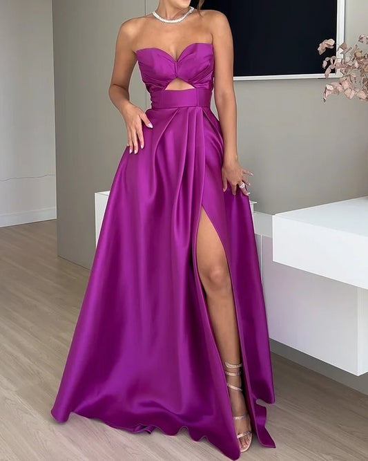 Robe de Soirée Femme - Décolleté Cœur - Fendue - Satin Élégant