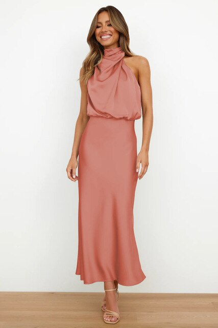 Robe de Soirée Femme - Longue Satinée Décolleté Halter