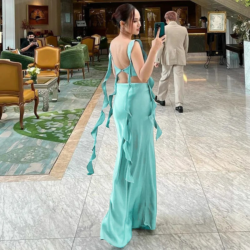 Robe de soirée femme - Longue en soie - Col carré
