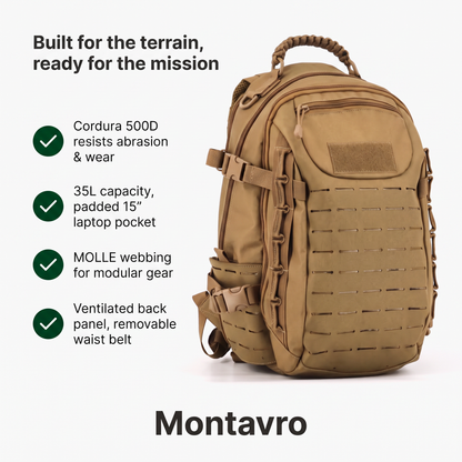 Tactical Backpack 35L in 500D Cordura Nylon, MOLLE System and 15-inch Laptop Compartment