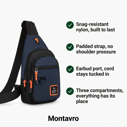 Men's Nylon Crossbody Bag, Multi-Pocket with Headphone Port, Water-Repellent Fabric