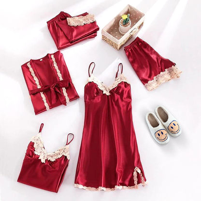 Sophie Ensemble Satiné Élégant – Pyjama 5 Pièces avec Détails en Dentelle