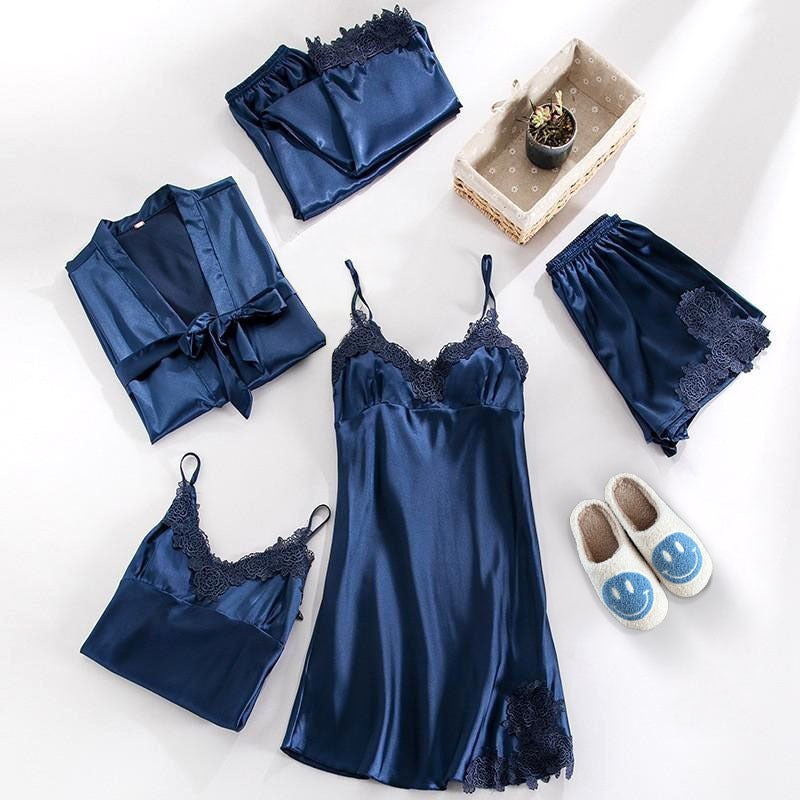 Sophie Ensemble Satiné Élégant – Pyjama 5 Pièces avec Détails en Dentelle