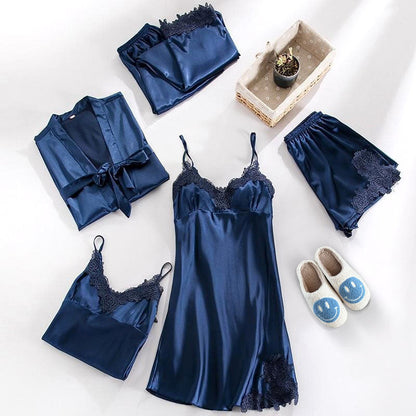 Sophie Ensemble Satiné Élégant – Pyjama 5 Pièces avec Détails en Dentelle