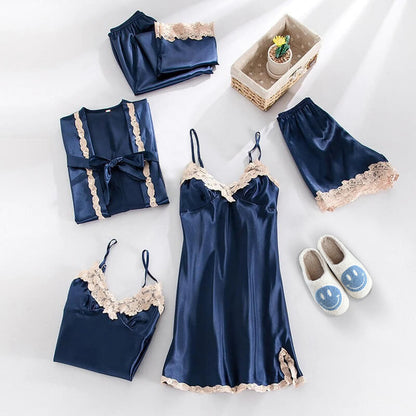 Sophie Ensemble Satiné Élégant – Pyjama 5 Pièces avec Détails en Dentelle